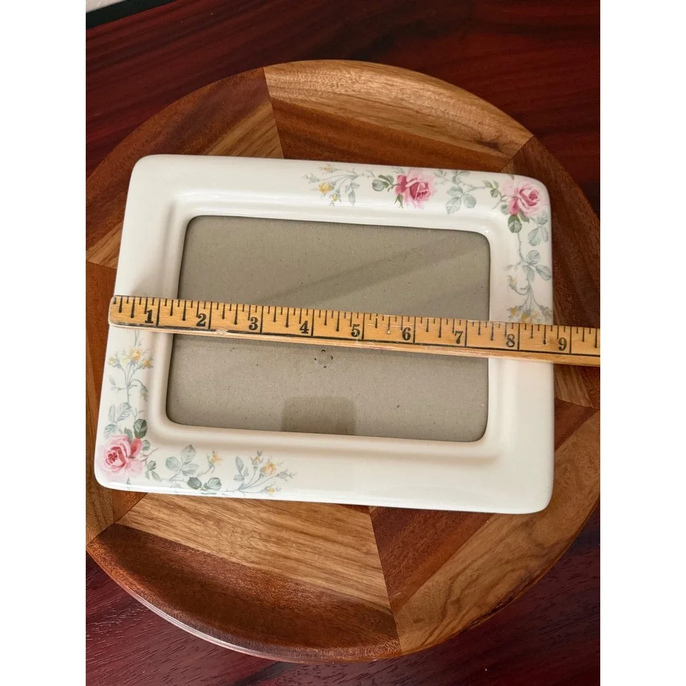 Floral Ceramic Picture Frame Pink Roses Yellow Wildflowers White Porcelain Style